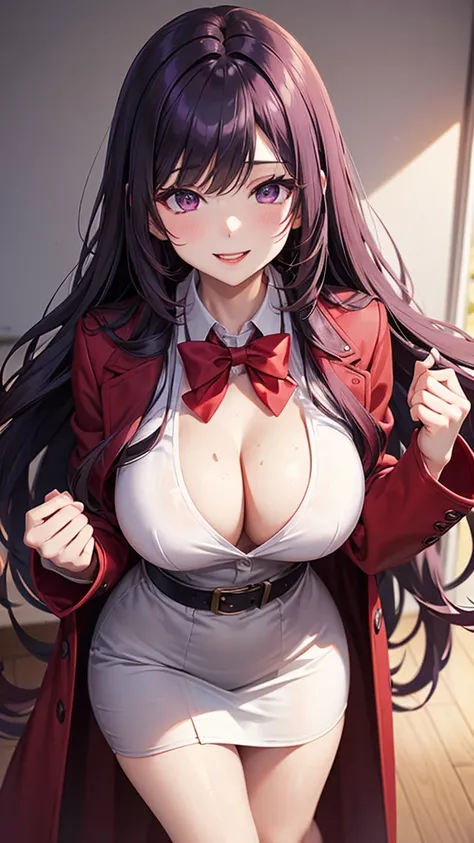 Purple wavy long hair，Sexy，woman，teacher，Red coat，White shirt，Long black dress，Large Breasts，Face red，Smile，lipstick