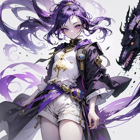 cheerful boy with open forehead. dark purple hair braided in a ponytail on the left side to one side. sinuous black horns wrapped in dark purple ribbon. pale violet eyes. in short dark purple shorts. long white T-shirt. dark purple knee-high socks. a white...