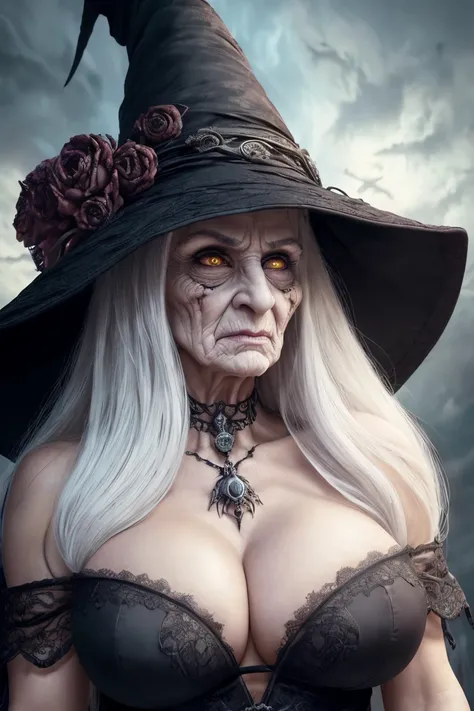 ((best quality)), ((masterpiece)), ((realistic)), (detailed), Very old frightening and scaring witch with scary eyes, (((accentuated big nose))), (((white hair))), black witch hat,  ((large breasts)), ((cleavage)), (((mad sky hallucination))), baroque maxi...