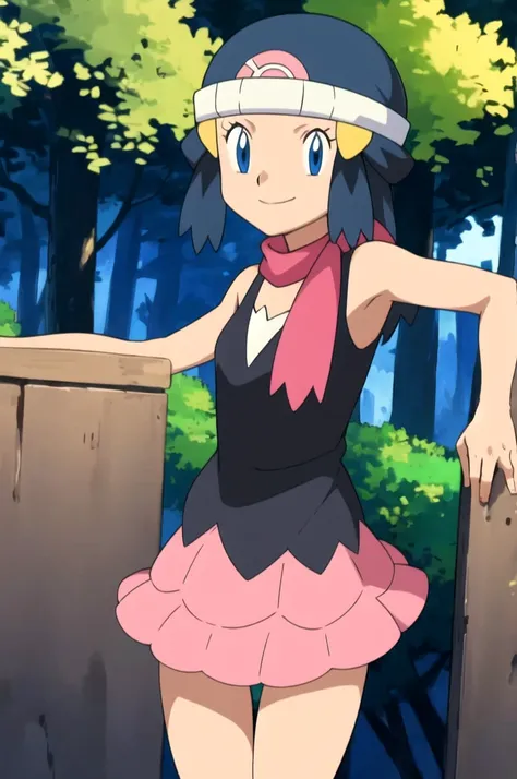 masterpiece, Highest quality, High resolution, One girl, alone, dawn (Pokemon), Pink scarf, Black Shirt, Pink Skirt, Have, Outdoor, Bare shoulders, smile