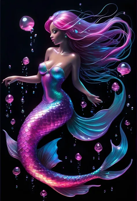 Beautiful big mermaid(fully body )rosa bioluminescente, floating,around you luminescent drops,Completely black background