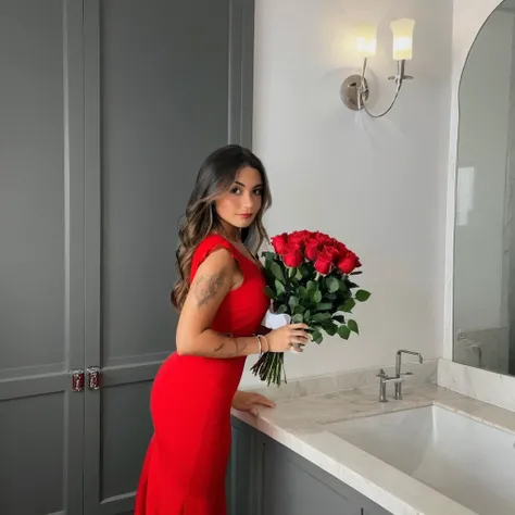 she is in a red dress with a bouquet of roses