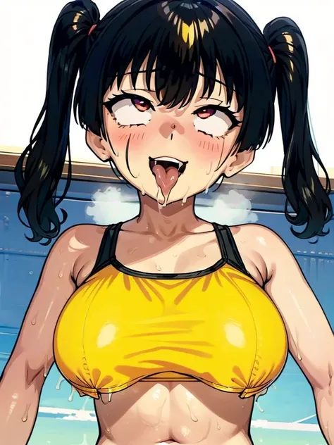 ahegaoでパイズリするSasaki Kanna, Yellow Tank Top, underboob, Sweat, Black hair twin tails, Big Breasts, smile, Drooling, Show off your big breasts