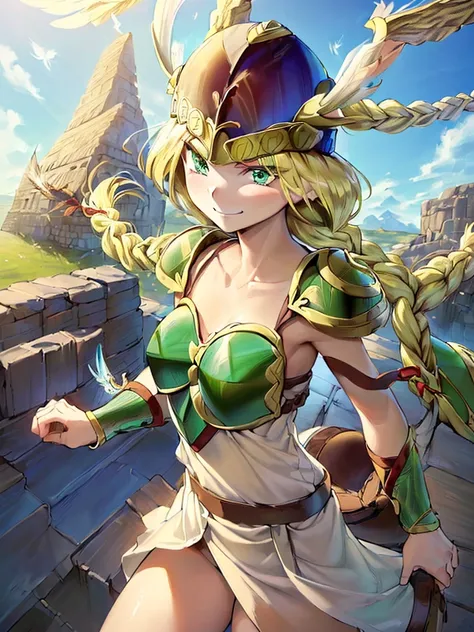 masterpiece,best quality, 1girl, 18yo, beautiful girl,BREAK,(Armor:1.8),(Helmet with wings:1.7),(Beautiful blonde,braid,Green Eyes:1.5),BREAK,(smirk,Troll, determined:1.3),BREAK, (blue sky:1.4),(She flies in the sky:1.5),(She descends from the sky:1.3),