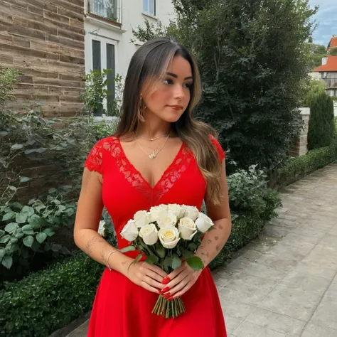 she is in a red dress outside with a bouquet of roses