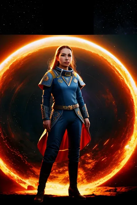 Serious woman in space outfit uniform ,passing stone, ultra detailed fantasy, the ring of fire, realisitic, dnd, RPG, Lotr game design fanart by concept art, behance hd, art station, deviantart, Global Illumination Radiating a Bright Aura Global Illuminati...