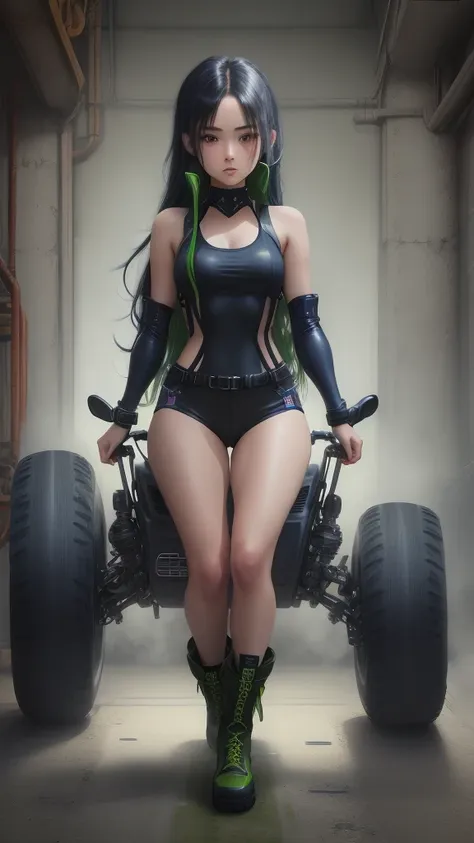 girl darkblue long hair, with black tanktop, green short, industrial boots, riding a futuristic motorbike