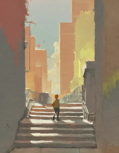 score_9, score_8_up, score_7_up, score_6_up, best aesthetic, a person walking down a stairway, long shot, concept art, city in background, great use of color theory, red and yellow colors, sunny
