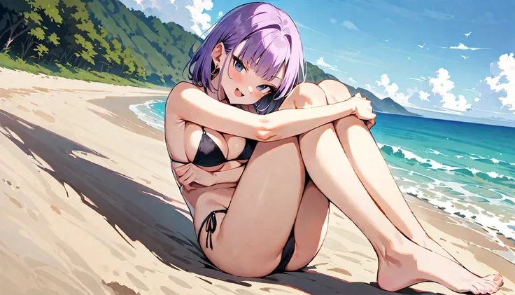 (masterpiece, best quality:1.2), full body, solo, Android 18 from Dragon Ball, 20s, ((string bikini, black bikini)), sitting, medium breasts, blunt bangs, short purple hair, (black eyes), earrings on earlobes, slim, skinny body, blush, sky, magnificent vie...