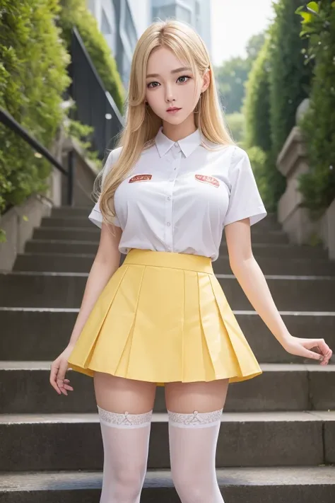 （highest quality，4k，masterpiece：1.2），Beautiful woman，1 girl，sexy：1.1，dark yellow hair：1.1，woman wearing ，soaking wet uniform，super detailed face，lip details，fine eyes，double eyelid，miniskirt white stockings，stand up，(skirt lift), ((skirt lift by myself))，(...