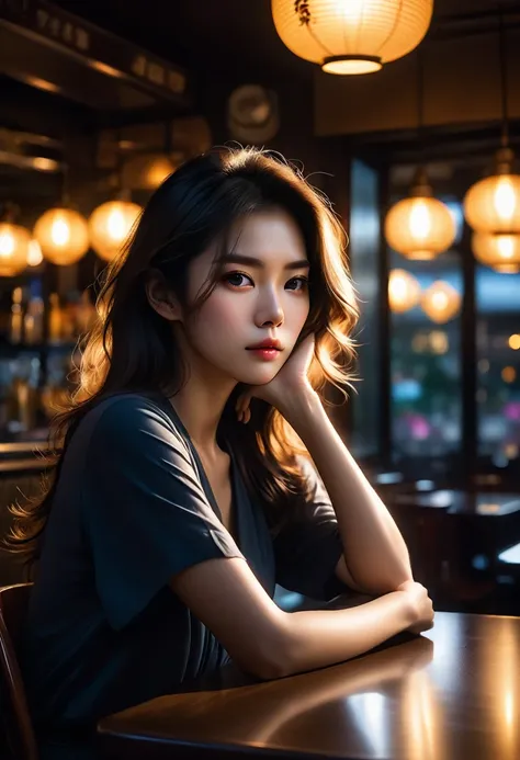 (best quality,high resolution,masterpiece:1.2),Extremely detailed,(Practical,Reality,Photo-realistic:1.37),Depressed Asian woman sitting in a dim cafe at night，Backlit portrait,Darkroom Portraits,Close-up of woman with hair,Darkroom scene,The trait of a my...