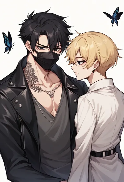 1 blonde girl with dark eyes wearing a short white dress, has a tattoo on her neck of a black butterfly She is with a boy with black hair and black eyes, tatuados, and wearing black clothes with a leather jacket, he is holding a black mask in his hand 