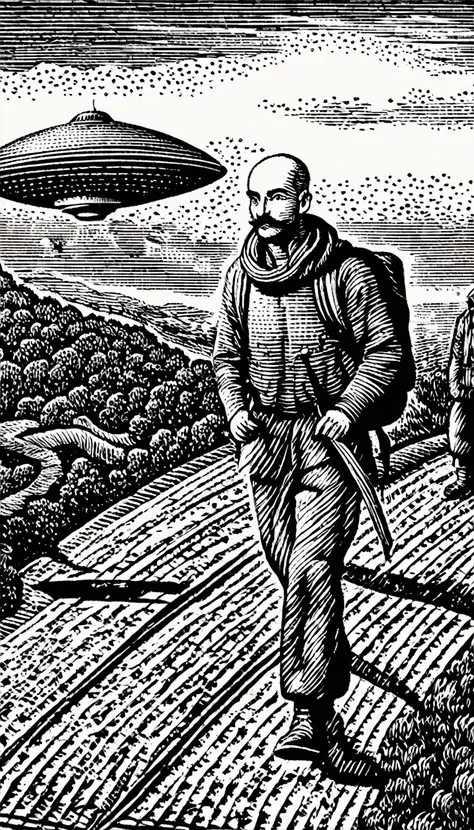 (Black and white woodcut:1.5)、(Second floor in black and white.)、foreground, dark and sinister atmosphere, face of a robust man without hair, with long mustache, with a backpack on his back, military trousers, with a white t-shirt with a flying saucer look...