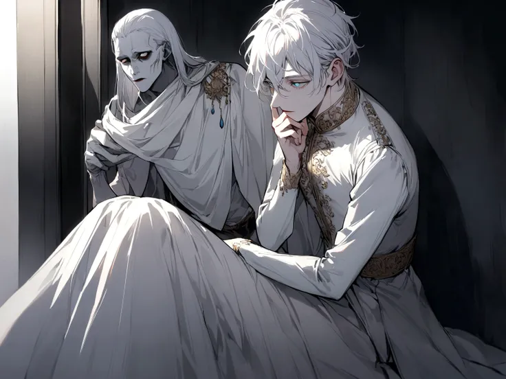 Pale man with white hair, clear eyes, using a tender in a dark place, the man is wearing a white outfit and is alone