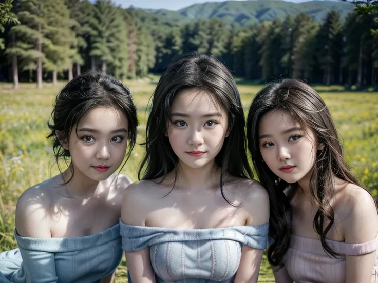 (3 girls), Young faceอินโดนีเซีย, 12 years,smile,Silver hair, white skin, Round breast, blue eyes,(( Strapless sweater))Masterpiece, Highest quality, 8K, beautiful girl, Young face、 photography, Cute face, thigh,In the meadow, Embarrassing、รอยsmile、((((((อ...