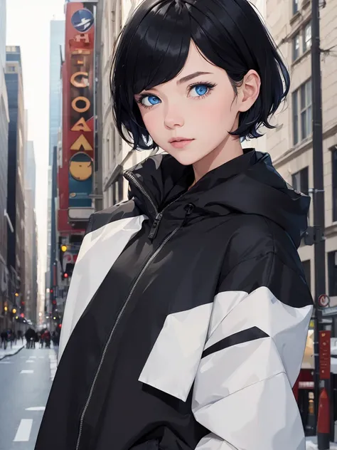 1girl, short black hair, blue eyes,note wearing anything, city, absurdres, high res, ultrasharp, 8K, masterpiece, looking at viewer