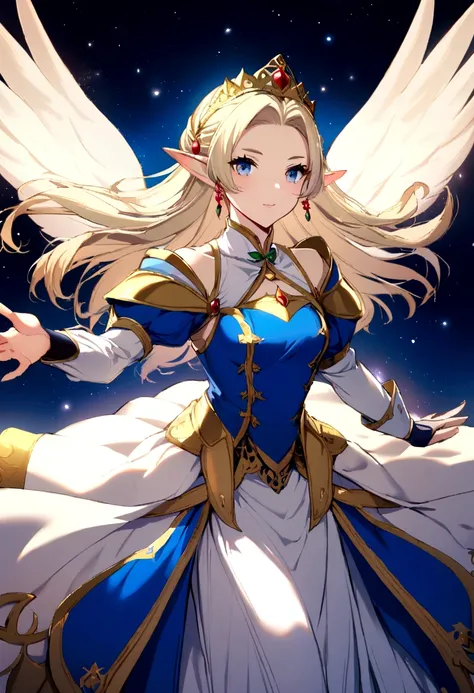 1 girl, elf, princes,light blonde hair, dark blue eyes