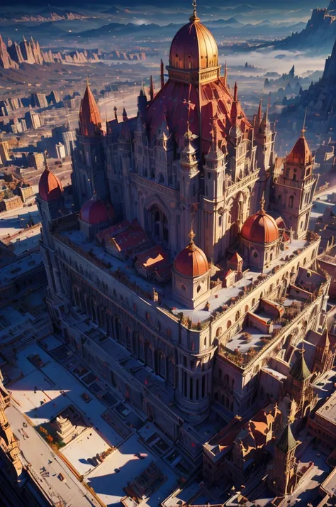 a grand cityscape of a feudal , view from high above, small ornate coliseum in the distance, striking red accents and details throughout, cinematic dramatic lighting, highly detailed, 8k, photorealistic, intricate architecture, (best quality,4k,8k,highres,...