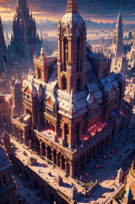 a grand cityscape of a feudal , view from high above, small ornate coliseum in the distance, striking red accents and details throughout, cinematic dramatic lighting, highly detailed, 8k, photorealistic, intricate architecture, (best quality,4k,8k,highres,...