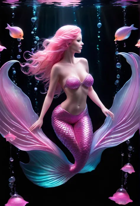 A big mermaid (full body), bioluminescent light pink, floating, around her luminescent drops, completely black background