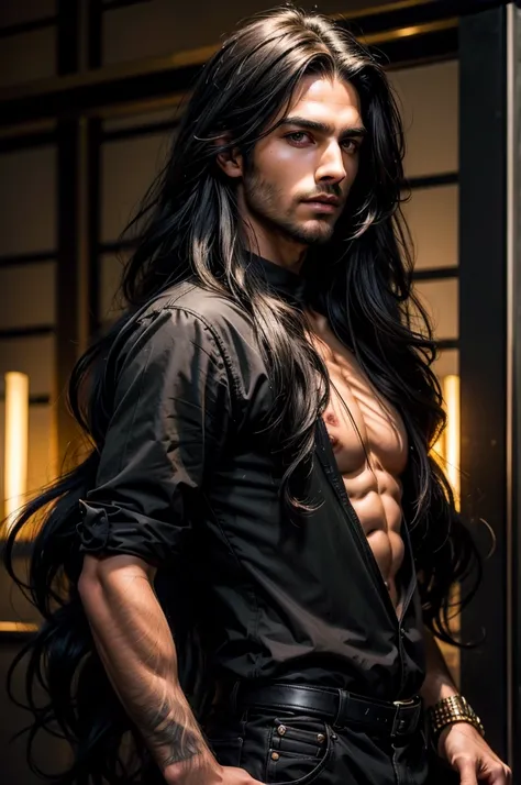 Mediovale, rogue, confident, seducer, long haired man, wearing a black shirt, with long black hair, and piercing yellow eyes, with her long black hair, young man with long hair, with long dark hair, with long black hair, long dark hair, beautiful impressiv...