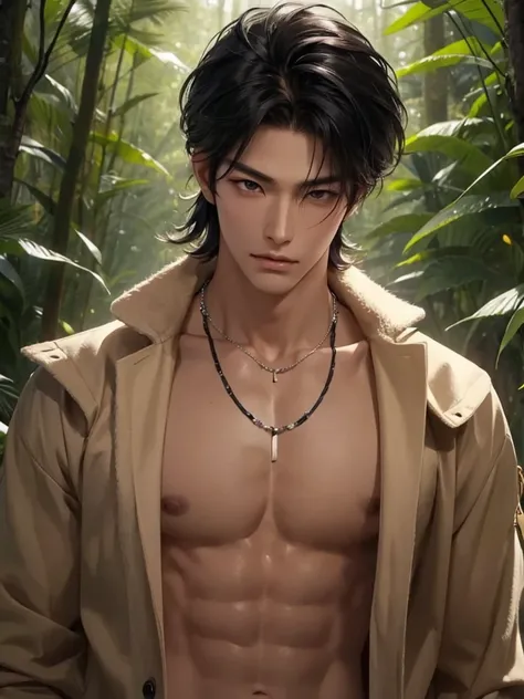 Handsome korean，tall and strong,perfect male figure, eyes looking at camera, ((tanned skin)),forest，feather hair accessories，black hair,serious expression,necklace,Ray tracing