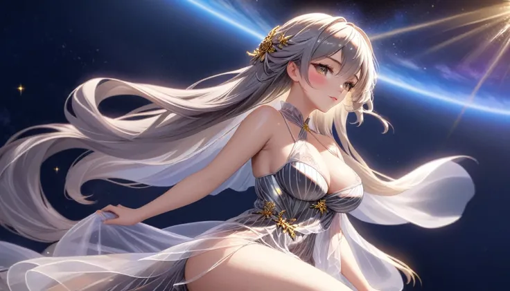 Woman in transparent dress,Viewer,(((Full breasts, Keeley University))),Slim waist,(Navel exposed,Bare waist), Long hair, extreme detailed details, Detailed fantasy art, Stunning character art, Beautiful and exquisite character art, Beautiful transparent d...