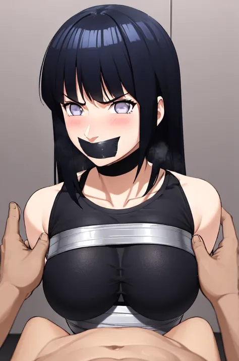 masterpiece, absurdres, 1girl, hinata(shippuden), solo, fullbody nude, looking at viewer, floating hair, wind, (Best Quality), length hair, large breasts, breasts out, Bound, Bondage, (arms behind back:1.4), BDSM, tape, TAPE BONDAGE, srestrained, best anat...