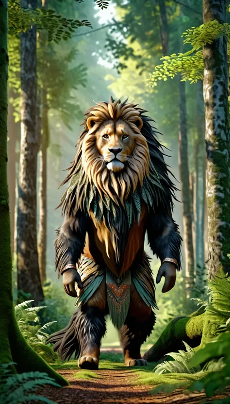 Front view，There is a wild man in the forest，The whole body is covered with mane（best quality，4K，8K，High level，masterpiece：1.2），Ultra Detailed，（lifelike，Photo real，Photo real：1.37），Highly detailed animals，Complex patterns，Realistic lighting，Fantasy Creatur...