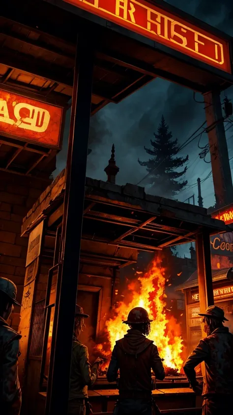 kiosk on fire with zombies around 