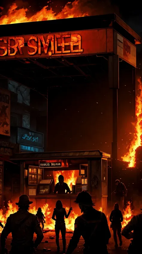 kiosk on fire with zombies around 