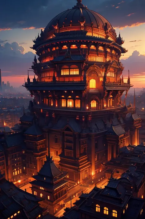 a large feudal cityscape, city of samurai, view from above, small ornate coliseum in the distance, stunning red accents and details, cinematic dramatic lighting, highly detailed, 8k, photorealistic, intricate architecture,