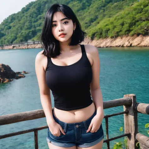 21yo girl, black hair, (bob Hair). Wearing black t shirt, denim short pants. natural big breast, show big thigh, plump body. Standing pose. The natural scenery background is very beautiful and interesting 