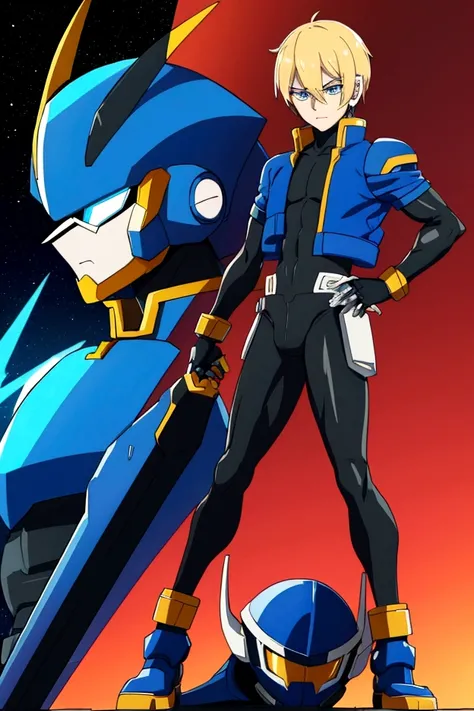 The male reploid has blue eyes, your body is slim and stylized, blondie hair,black like he&#39;s wearing spandex that color, he has a blue and black jacket that only reaches the top half of his body, He has a somewhat plain blue and black helmet with a tri...