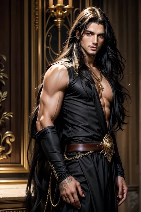 Mediovale, confident, seducer, Man with long black hair, vestindo couro como um ladino Mediovale,  golden yellow eyes, Youngh, beautiful impressive realistic, handsome man, handsome man, handsome man, lindo Youngh, attractive long hair