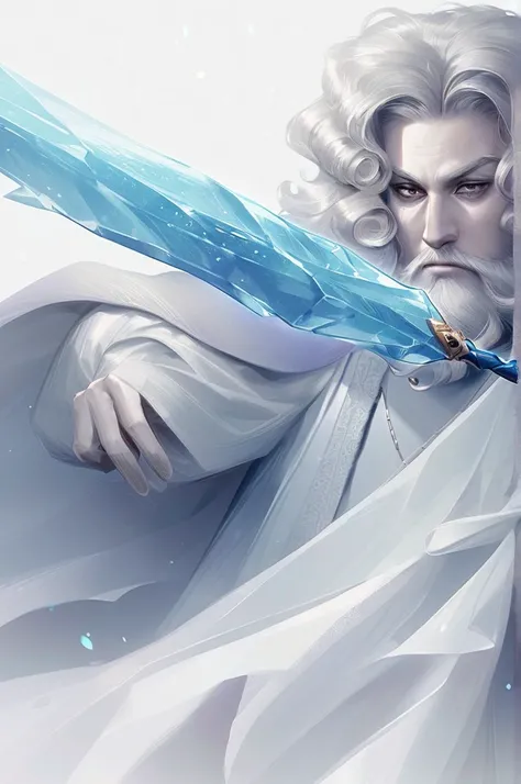 ((Лучшее качество)), ((шедевр)), (подробный), Curly-haired ice king with a beard with an ice sword