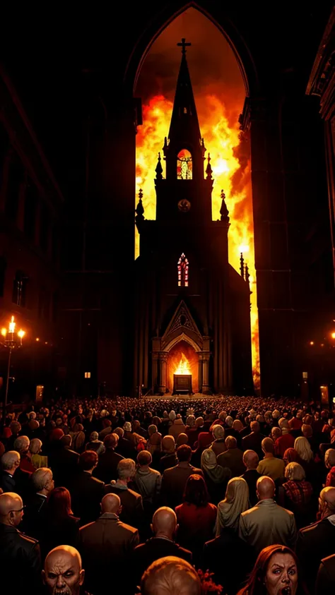 church on fire with zombies around