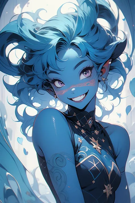 small, silly imp girl, insane smile, blue skin, blue hair