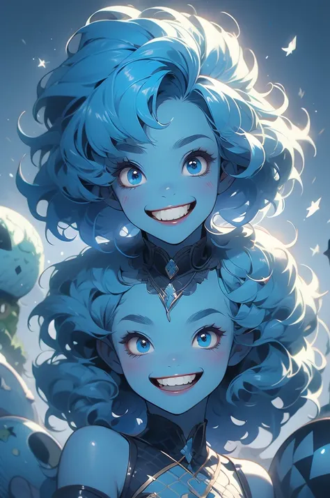 small, silly imp girl, insane smile, blue skin, blue hair