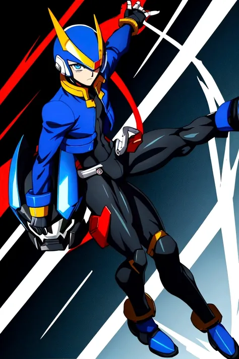 The male reploid has blue eyes, your body is slim and stylized,black like he&#39;s wearing spandex that color, he has a blue and black jacket that only reaches the top half of his body, He has a somewhat plain blue and black helmet with a triangle-shaped r...