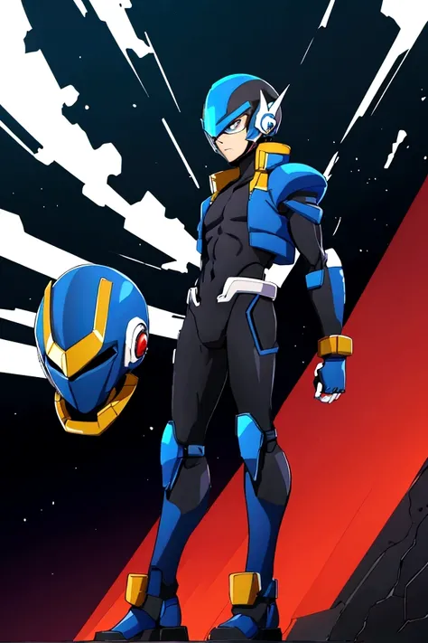 The male reploid has blue eyes, your body is slim and stylized,black like he&#39;s wearing spandex that color, he has a blue and black jacket that only reaches the top half of his body, He has a somewhat plain blue and black helmet with a triangle-shaped r...