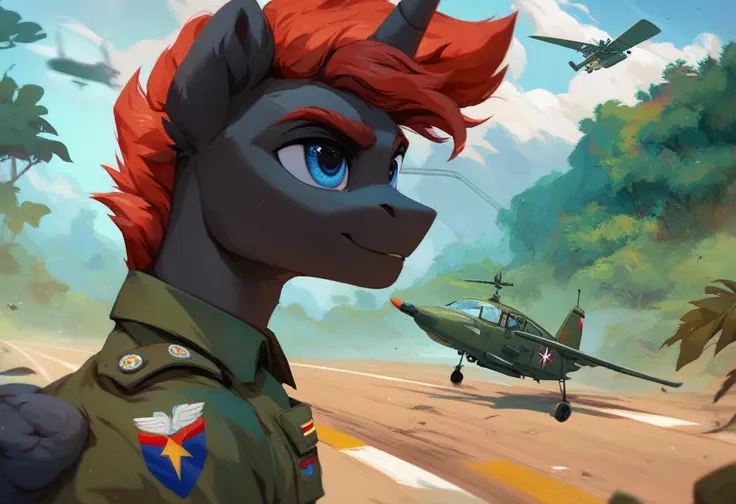 Male alicorn pony, black fur, red hair, blue eyes, army uniform, standing on a dirt airplane runway, dust storm, jungle, army jeeps in background, helicopter coming to land, close-up facial portrait