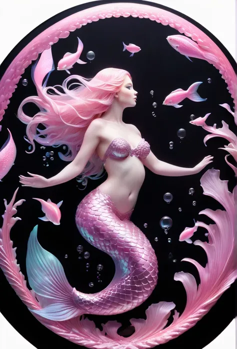 A big mermaid (full body), bioluminescent light pink, floating in completely black background,(refined details),(high quality),(art work)