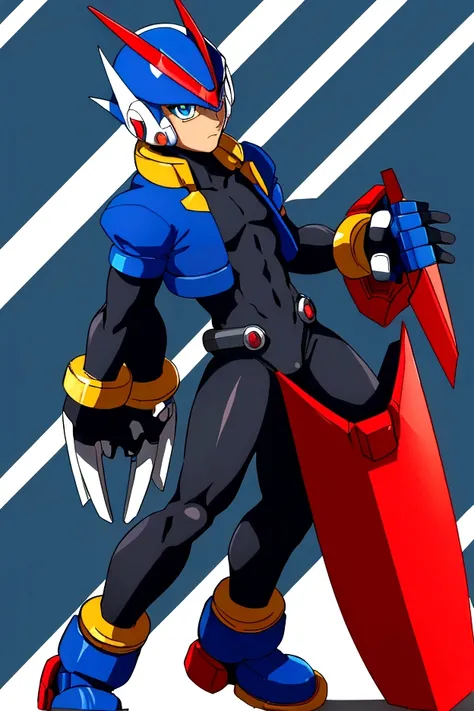 The male reploid has blue eyes, your body is slim and stylized,black like he&#39;s wearing spandex that color, he has a blue and black jacket that only reaches the top half of his body, He has a somewhat plain blue and black helmet with a triangle-shaped r...