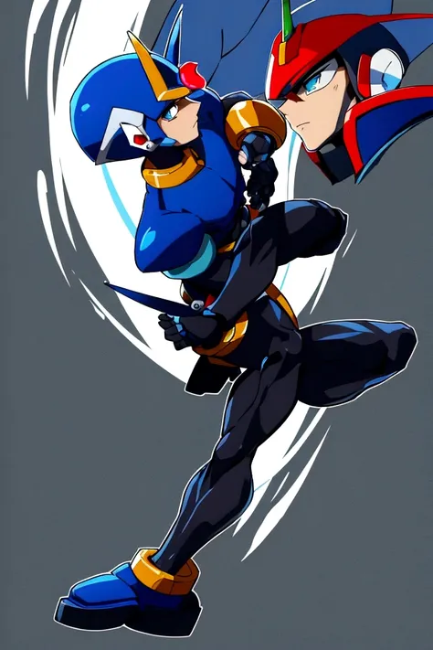 The male reploid has blue eyes, your body is slim and stylized,black like he&#39;s wearing spandex that color, he has a blue and black jacket that only reaches the top half of his body, He has a somewhat plain blue and black helmet with a triangle-shaped r...