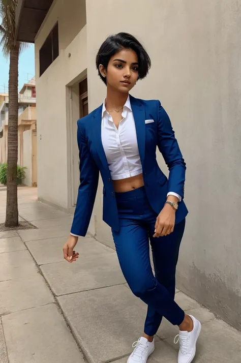 Indian girl with short hair in suit athletic body epicrealism 
