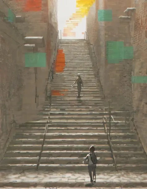 score_9, score_8_up, score_7_up, score_6_up, by rsef, best aesthetic, a person walking down a stairway, long shot, concept art, city in background, great use of color theory, red and yellow colors, sunny
