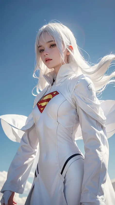 A 17-year-old girl with white hair in an elaborate Superman costume with long sleeves in white, covering the whole body, Matte pastel colours, (dramatic:1.3), white capelet, White Superman Costume, Suit with white carbon fiber details, flying in the sky, (...