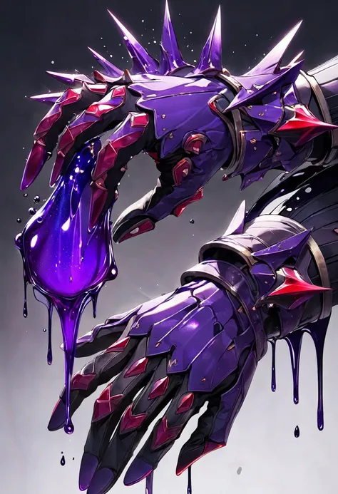 a extremely detailed pair of high tech dark purple gauntlets with a single red spike coming out the front, dripping with a purple liquid