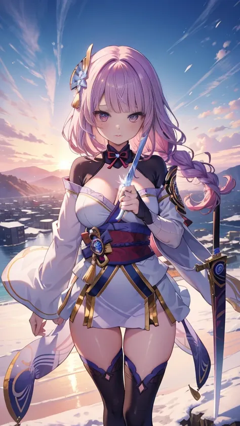 (nsfw), Extreme Detail, Perfection, Aerial Photograph, Captured from Above like a Work of Art, Anime Girl Wielding an Ice and Snow Sword, Her Pink Hair and Long Purple Skirt Contrasting Stunningly, Ayaka from Genshin Impact, Gazing Intently into the Distan...